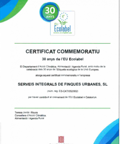 Certificado conmemorativo 30 años Ecolabel